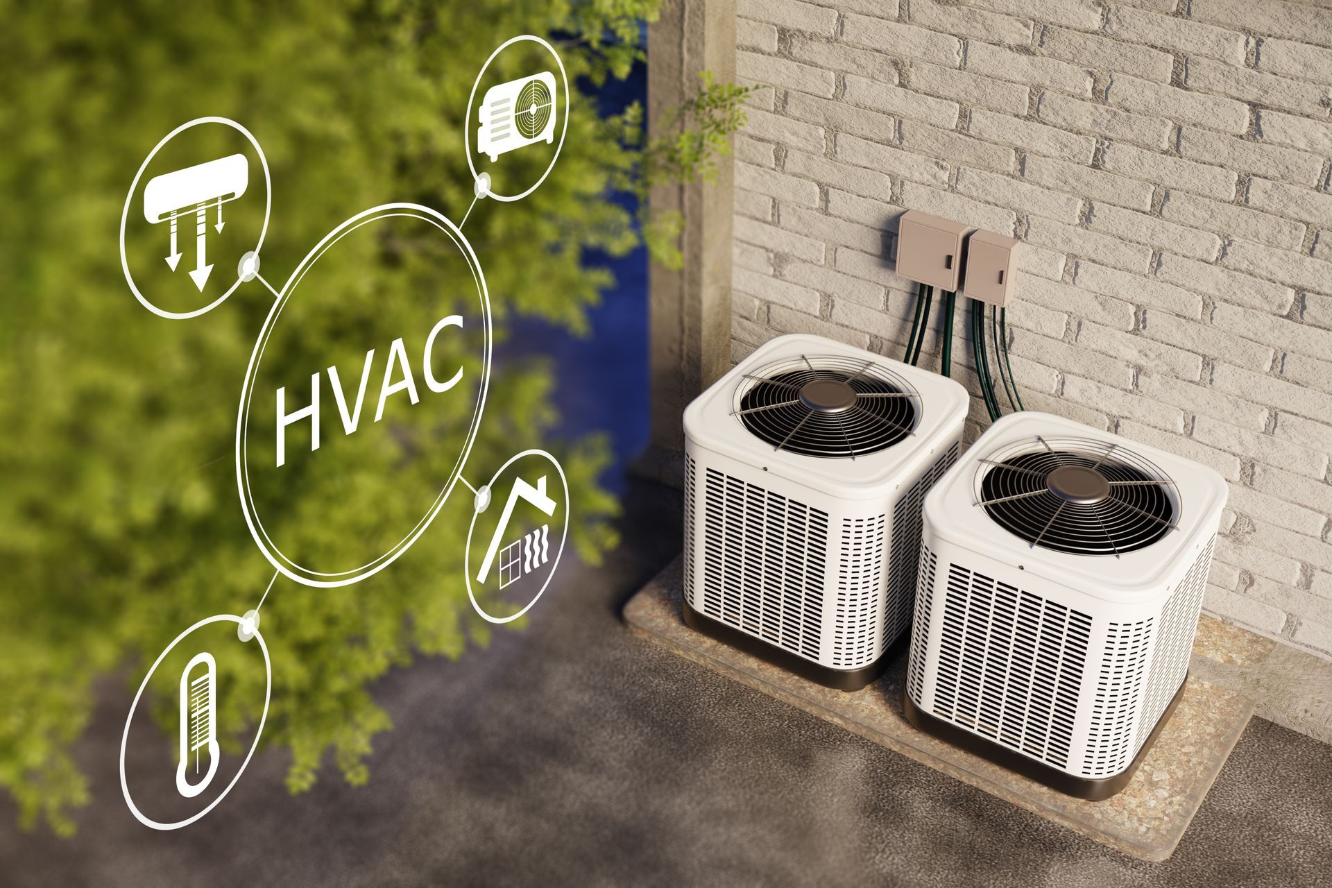 Two white HVAC outdoor units beside a brick wall, with HVAC icons overlaid on the left.