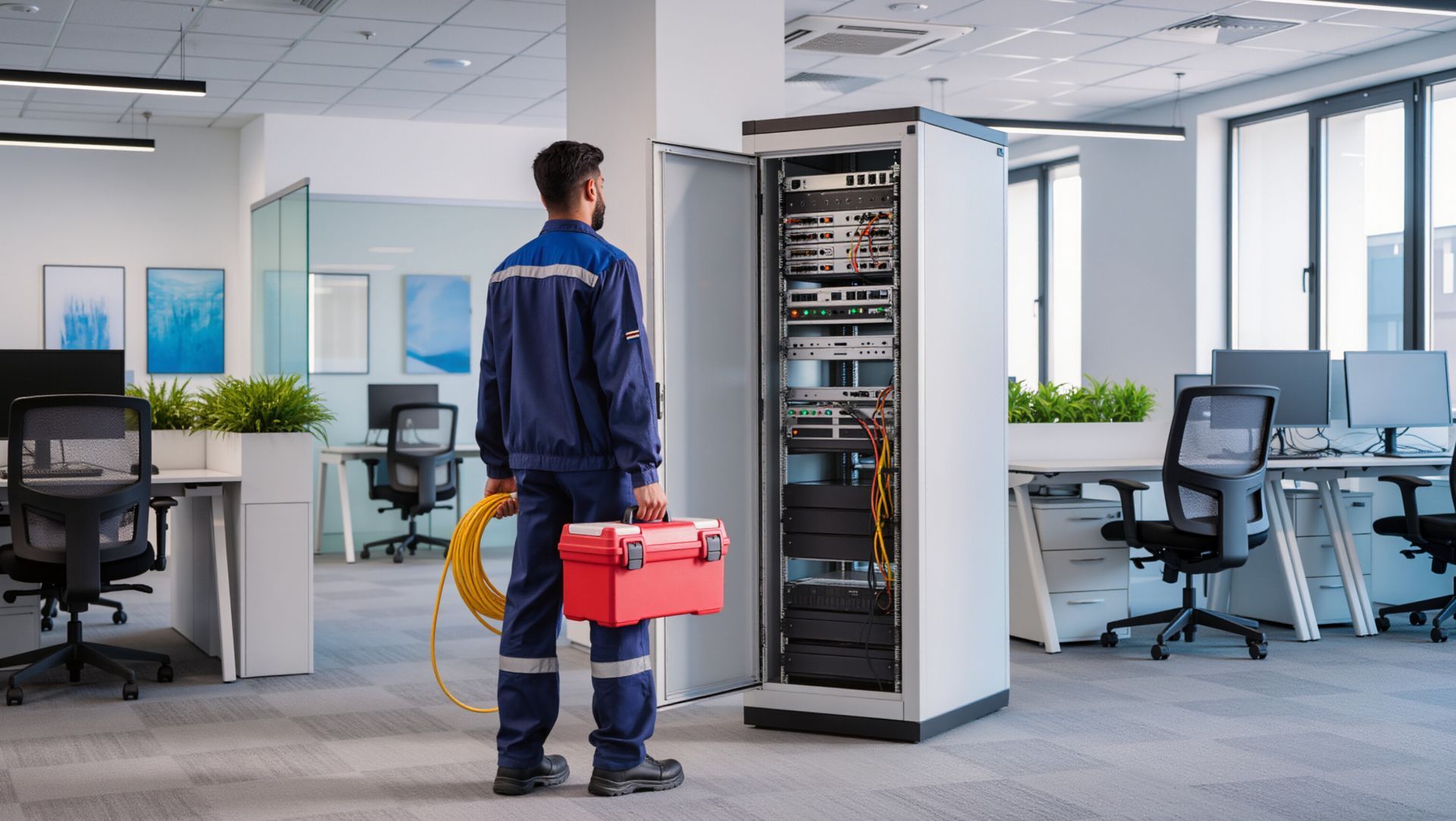 Technician inspecting an open server rack in a modern office