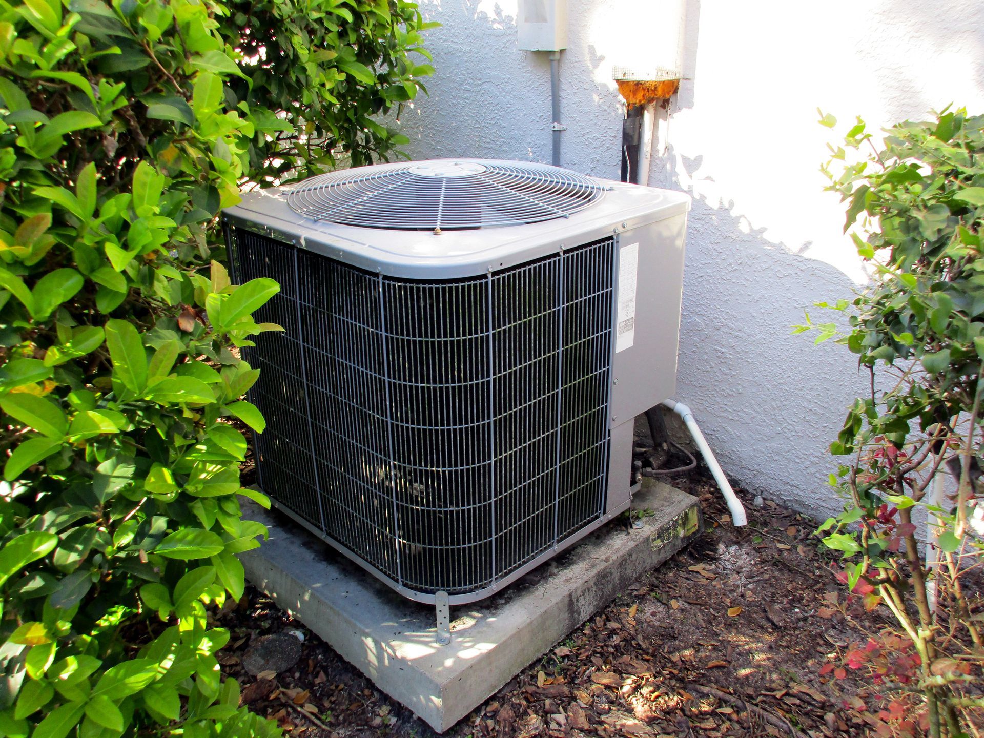 Outdoor air conditioner unit beside a house, surrounded by shrubs and gravel.