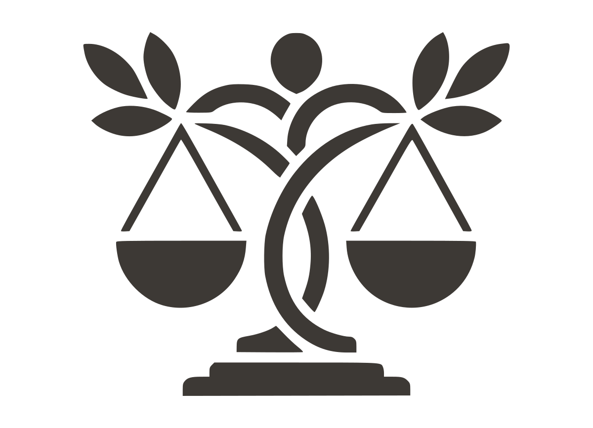 Scales of justice icon with leafy accents; Melissa C. Brown's signature.
