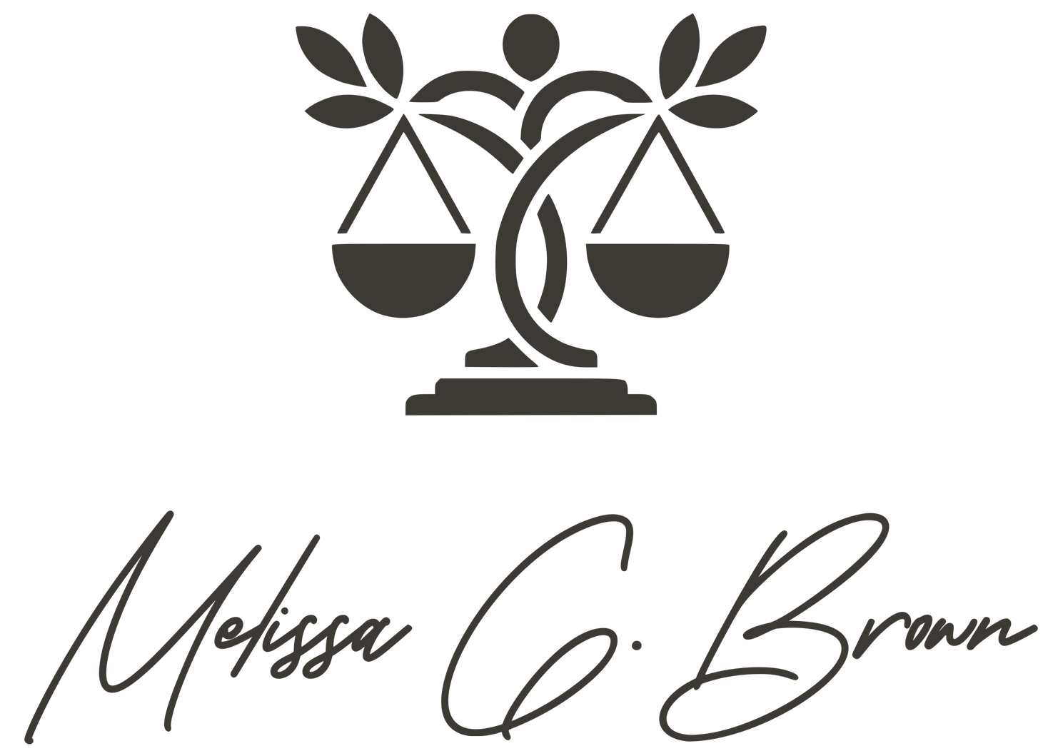 Scales of justice icon with leafy accents; Melissa C. Brown's signature.