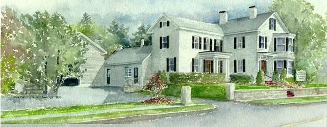 Watercolor of a gray farmhouse with white trim, green lawn, and blossoming trees under a soft sky