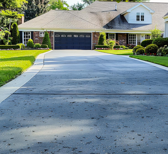 Driveway leading to a two-story brick house with a garage, surrounded by green lawns and trees.