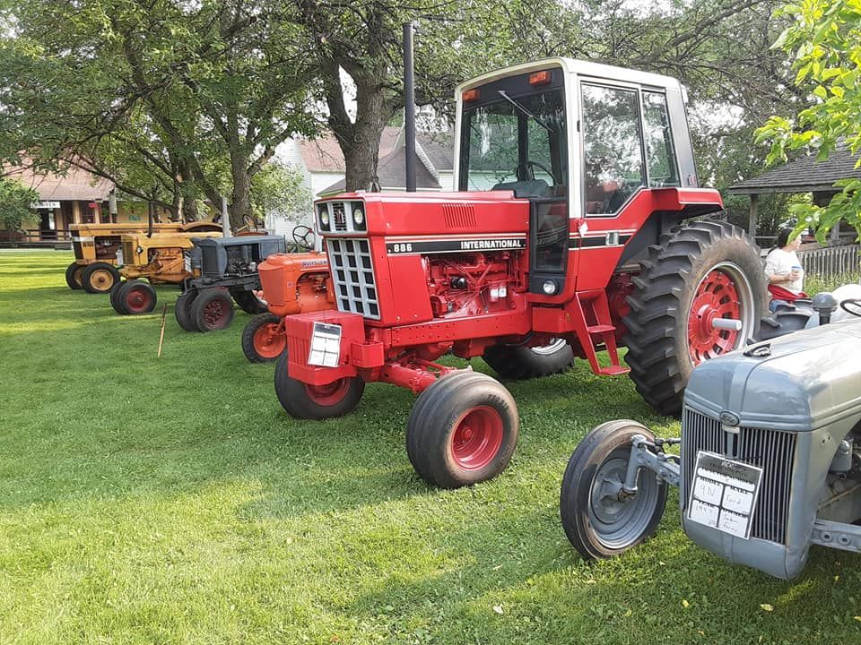 Several red and other colored vintage tractors parked on a grassy field on a sunny day.