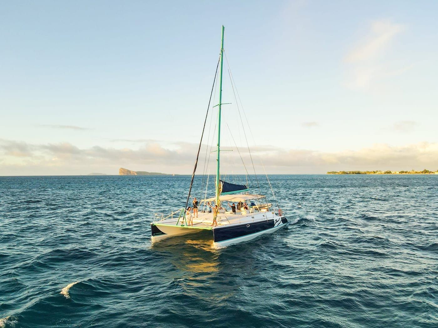 Catamaran at sunset off the coast of Mauritius in December