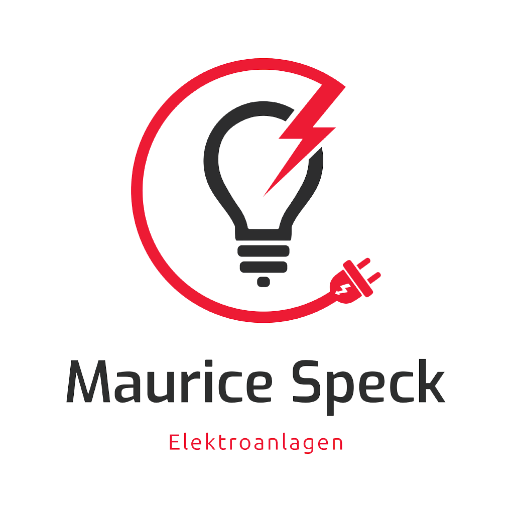 Ein Logo fĂĽr Maurice Speck Elektroanlagen mit einer GlĂĽhbirne und einem Blitz.