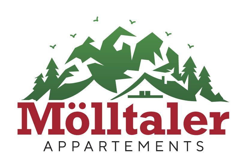Logo f&uuml;r M&ouml;lltaler Appartements mit gr&uuml;ner Berg- und H&uuml;ttenillustration &uuml;ber rotem Text.