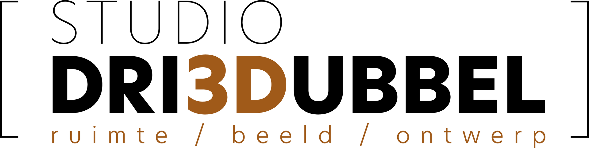 Logo voor Studio Dri3Dubbel: zwarte en bruine tekst op een witte achtergrond. Het bevat woorden als
