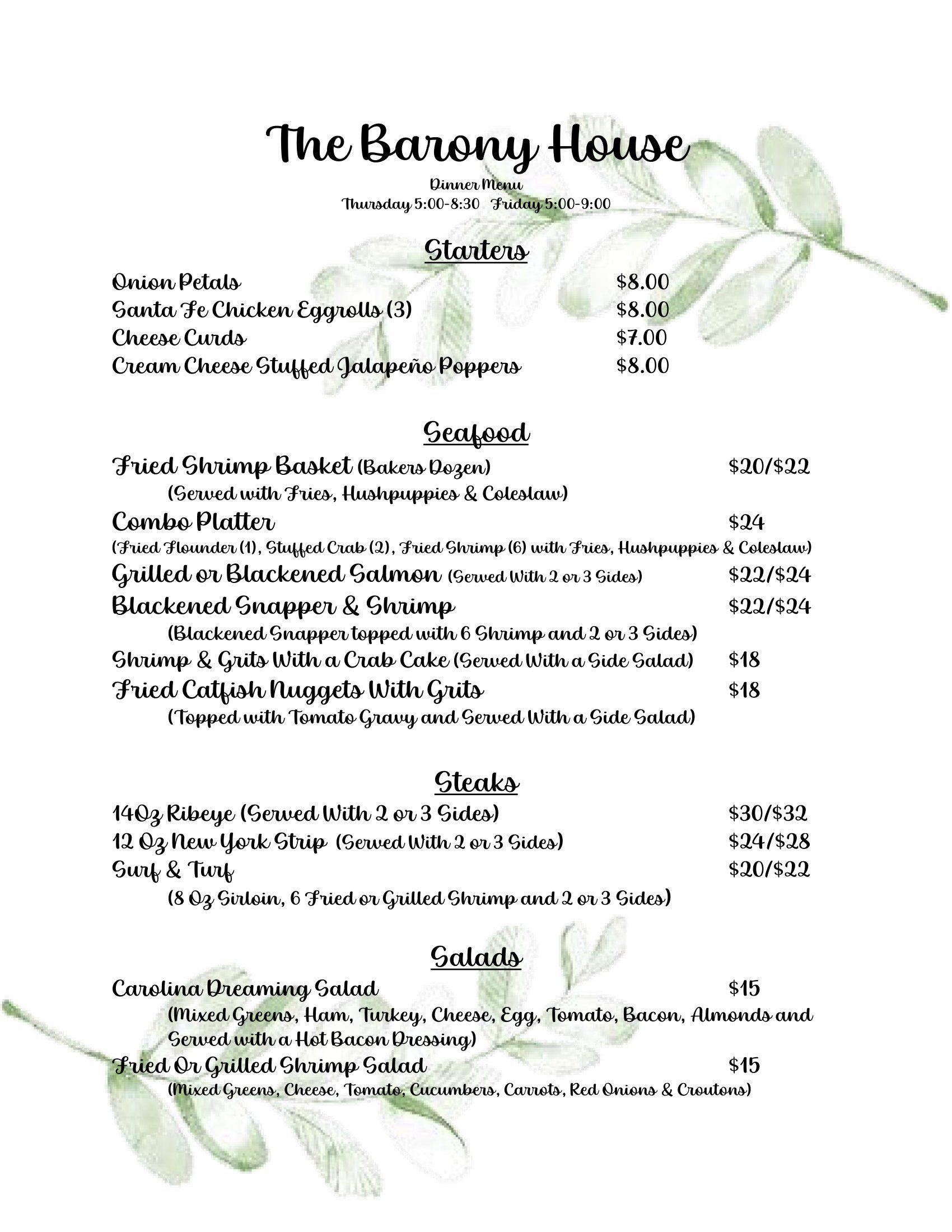 Our Daily Menu Moncks Corner, SC The Barony House