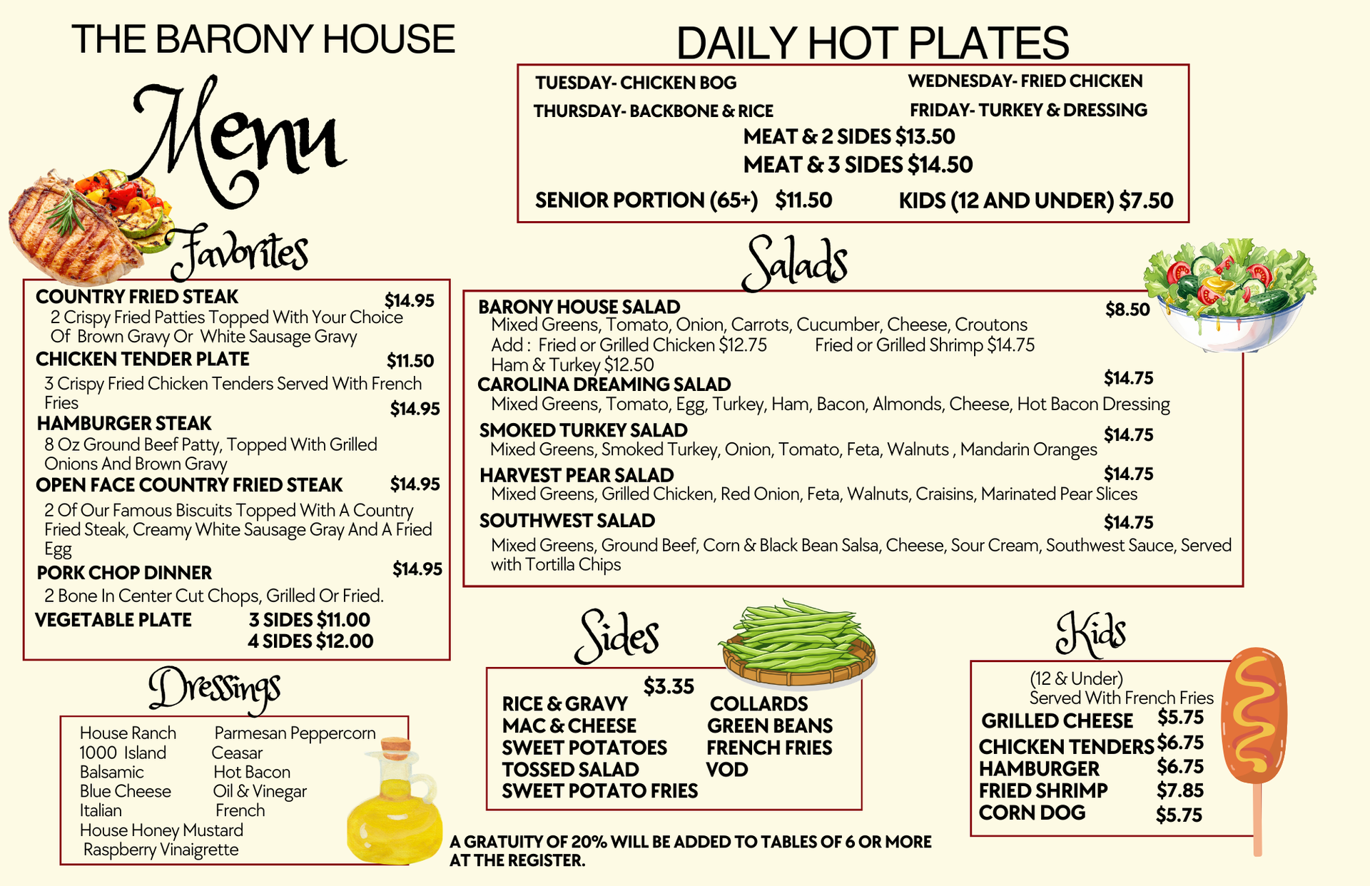 Menu from The Barony House restaurant, listing daily hot plates, entrees, salads, sides, and kids' items.