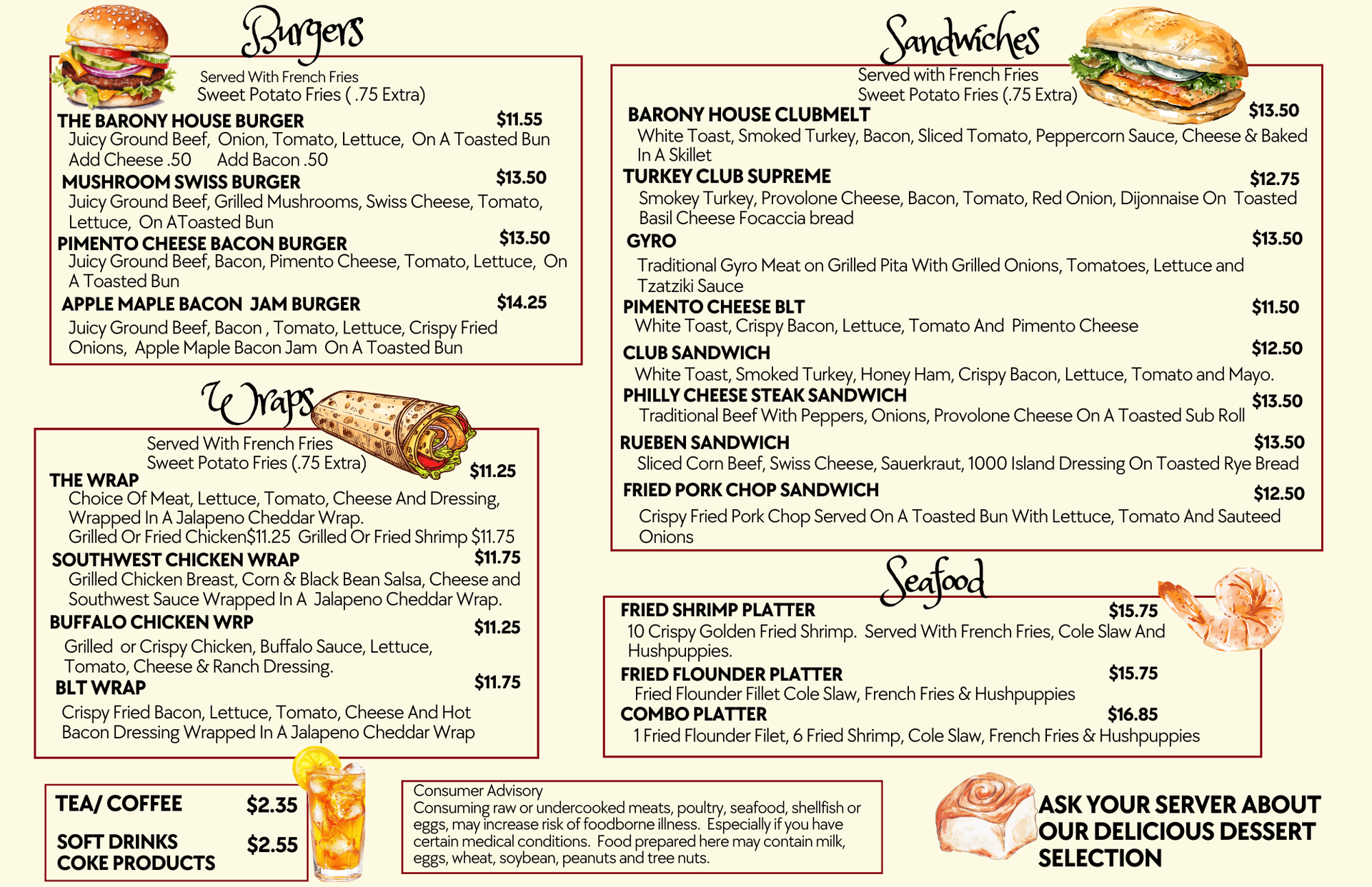 Menu board with burgers, sandwiches, wraps, and seafood. Drink options and desserts listed.