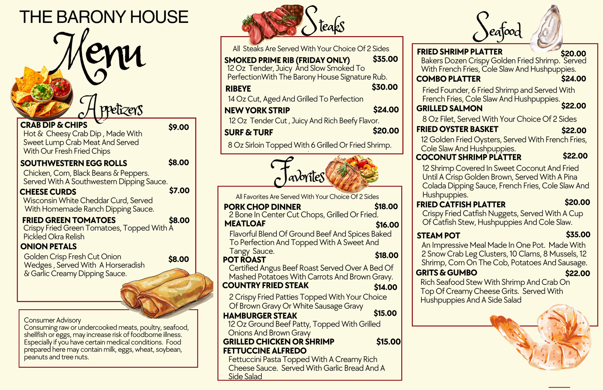 Menu board with appetizers, steaks, seafood, and entrees. The Barony House logo is at the top.