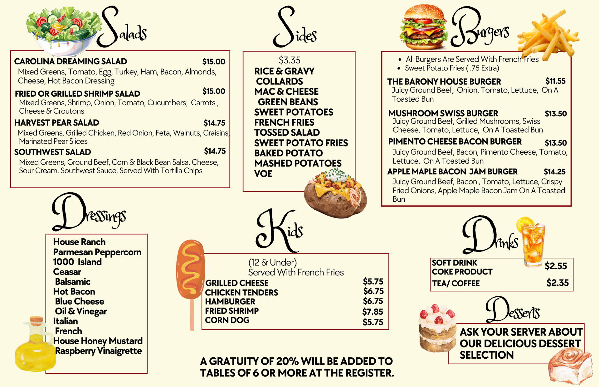 Menu board with salads, sides, burgers, desserts, and drinks; Kids' menu and dressing options.