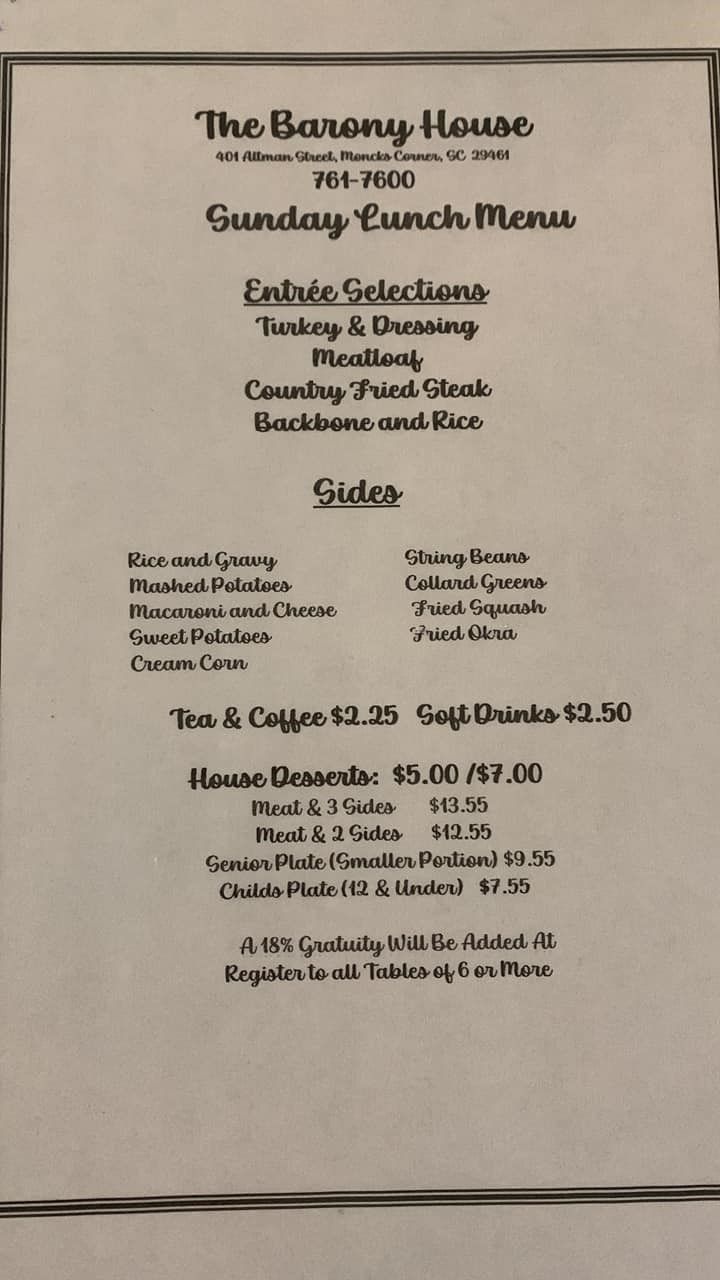 Thursday and Friday Menu Moncks Corner, SC The Barony House