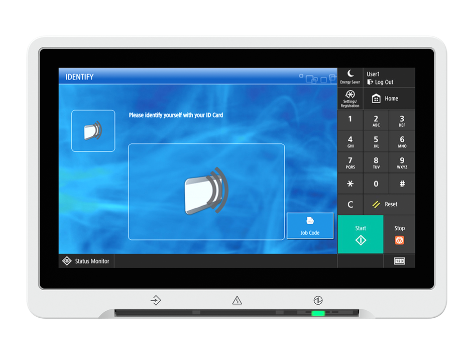 A computer monitor with a blue screen and a speaker on it.