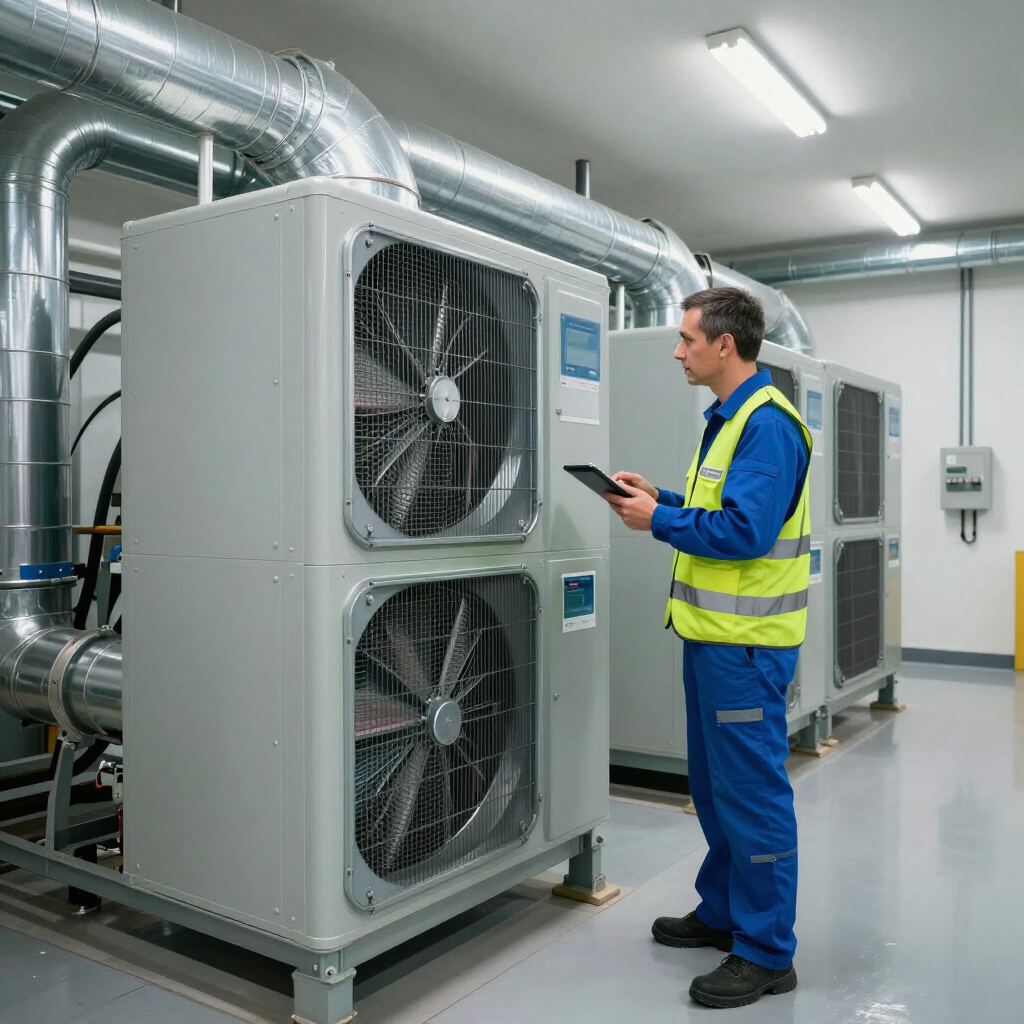 A facility technician using a tablet to inspect commercial HVAC equipment before heating season.