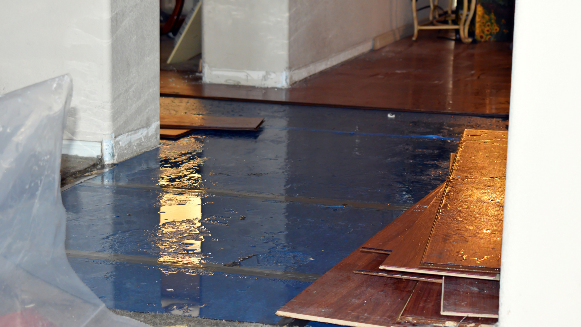 A room with a flooded floor that is being mitigated by MP Environmental Services
