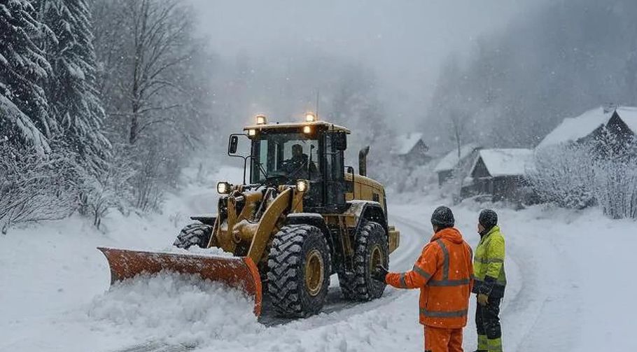 Snowplow clearing a snowy road while two workers in orange safety gear stand nearby