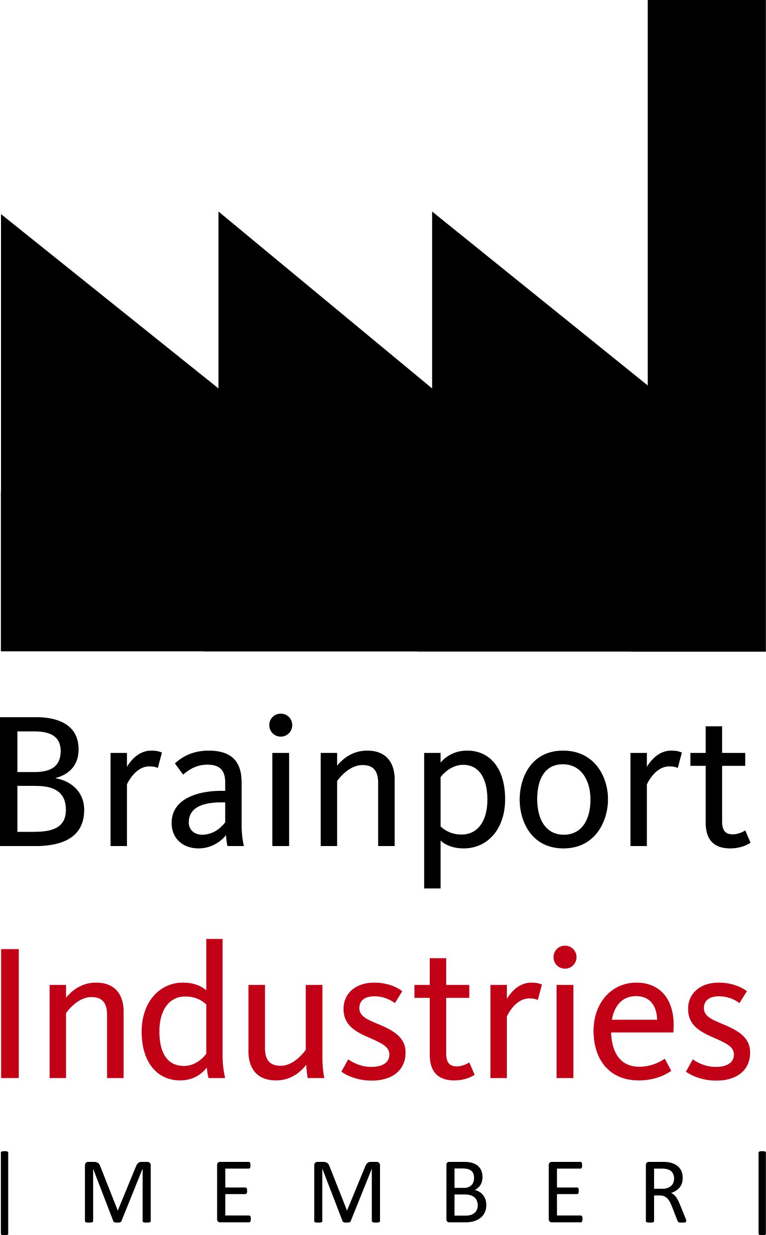 Het logo voor brainport industries is een zwart-wit afbeelding van een fabriek.