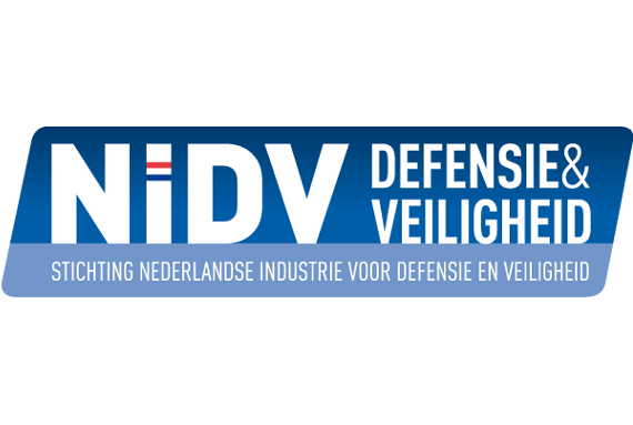 A blue and white logo for nidv defensie & veiligheid