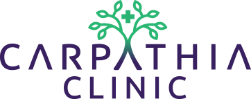 A logo for carpathia clinic with a tree and a cross on it.