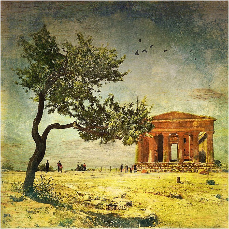 A painting of a temple with a tree in the foreground