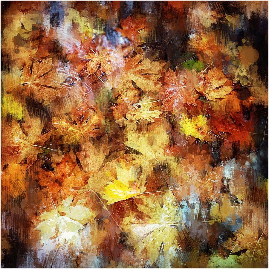 A painting of autumn leaves on a dark background