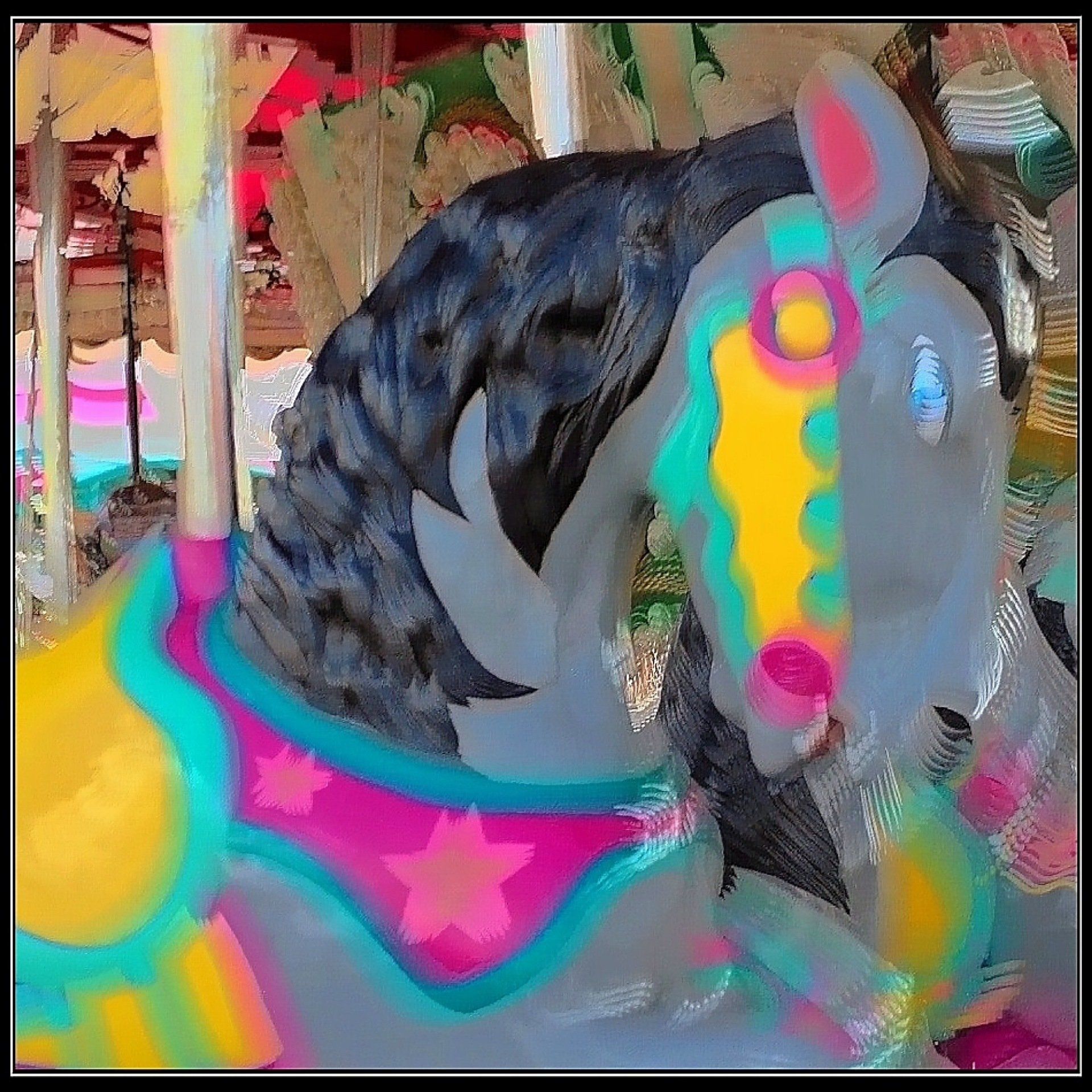 A painting of a colorful horse on a merry go round