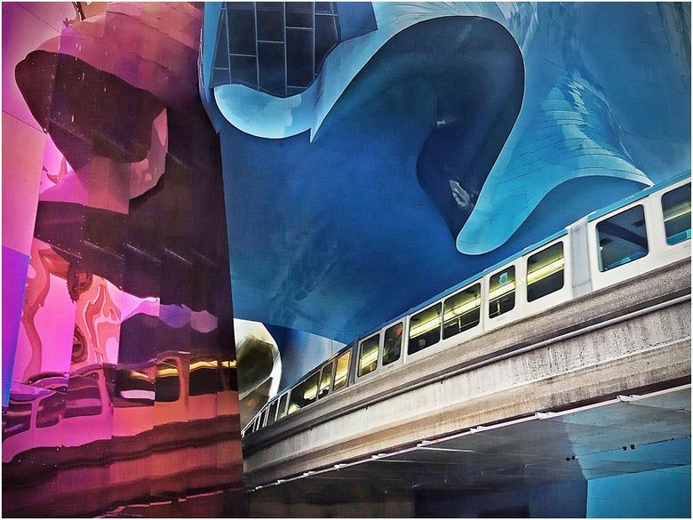A picture of a train with a whale in the background