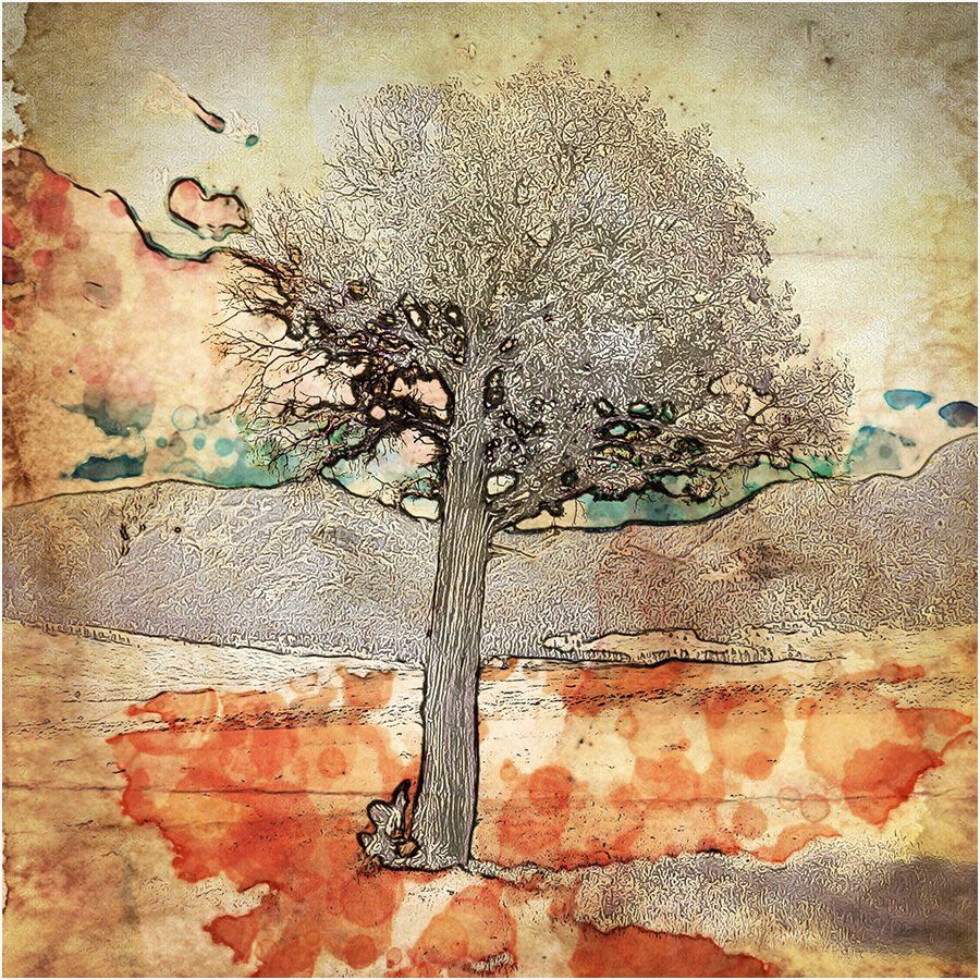 A painting of a tree without leaves in a field