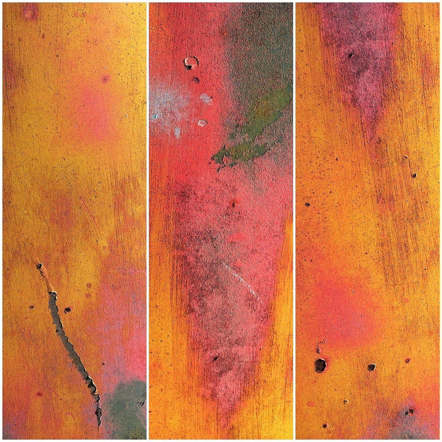 A collage of three pictures of a yellow and red painted surface.