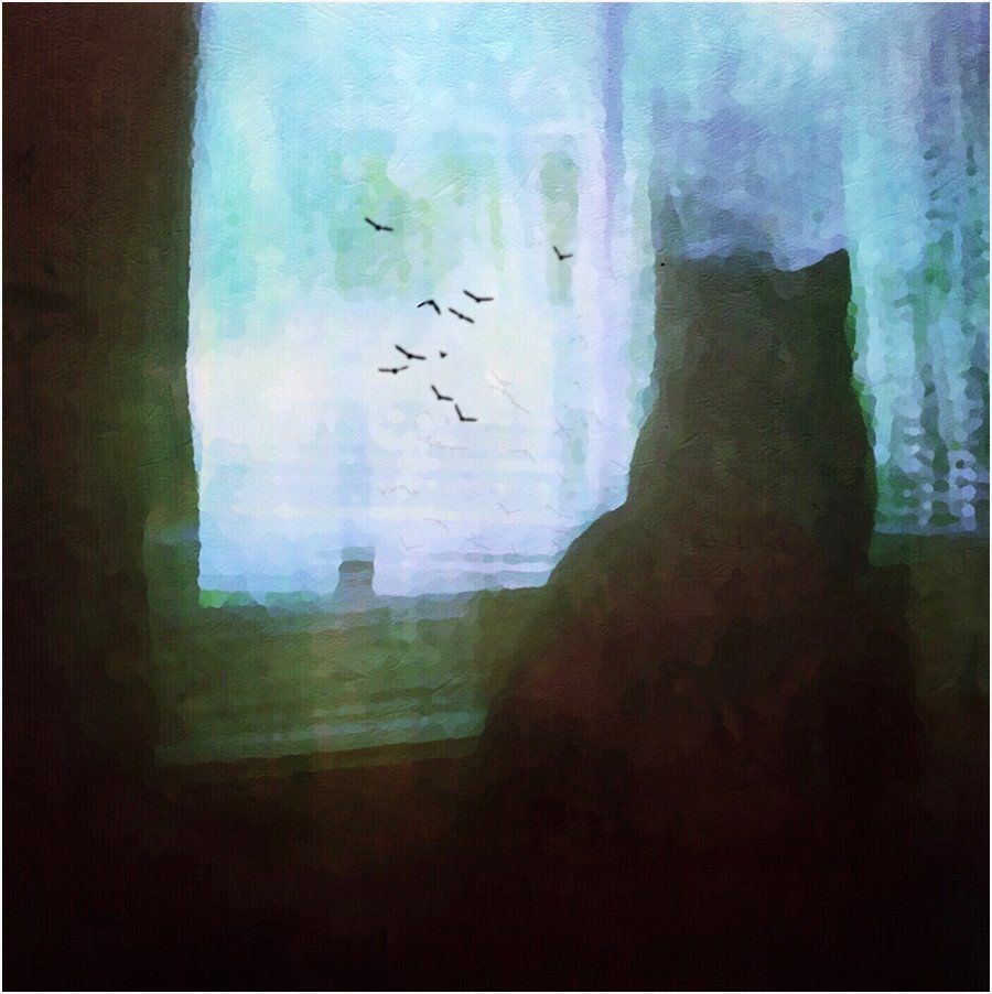 A painting of a cat looking out a window with birds flying in the background