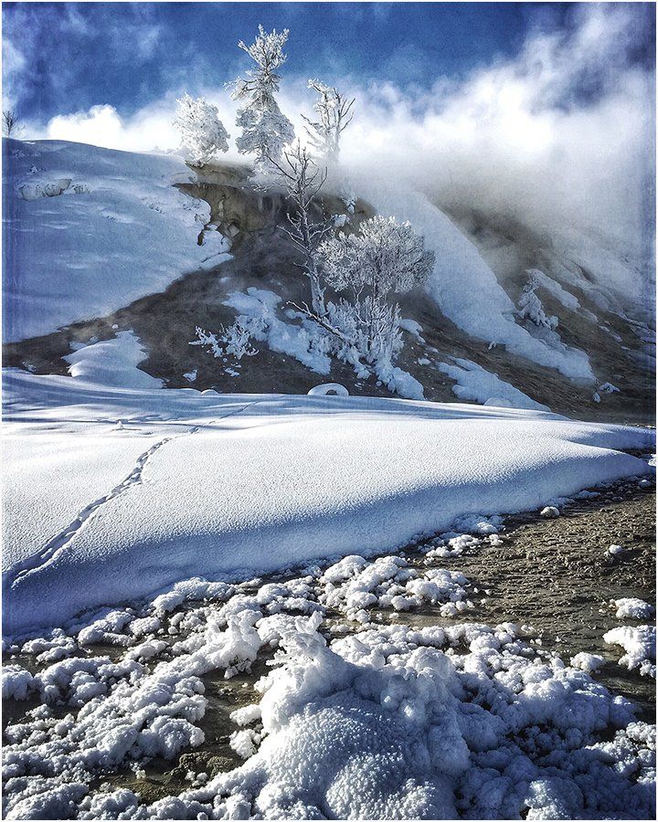 A snowy landscape with a mountain in the background