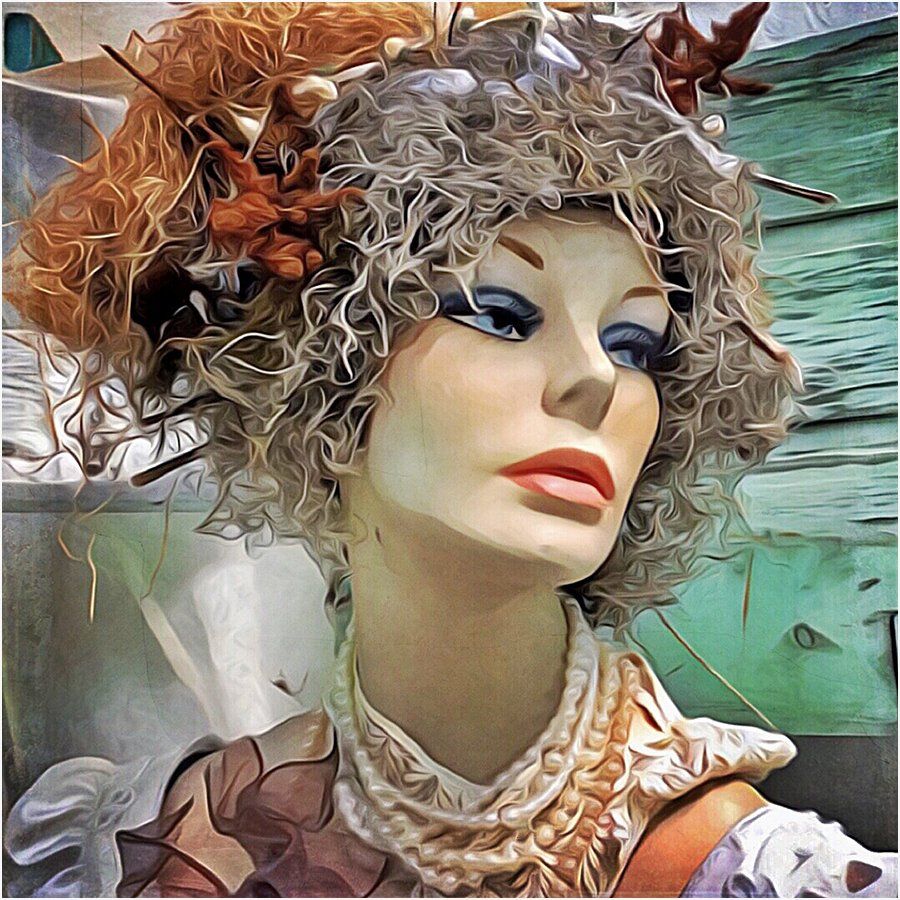 A painting of a mannequin wearing a wig