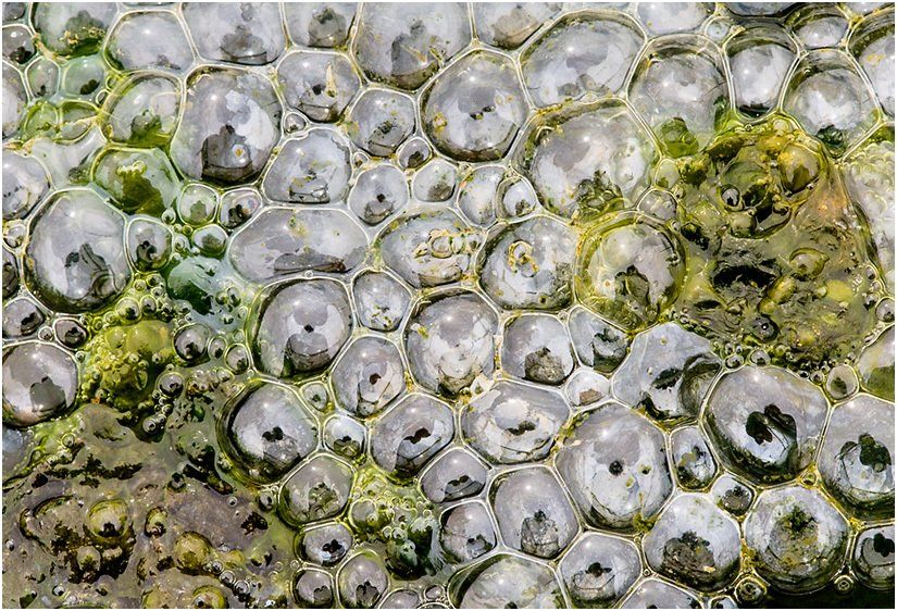 A close up of a painting of bubbles on a surface.