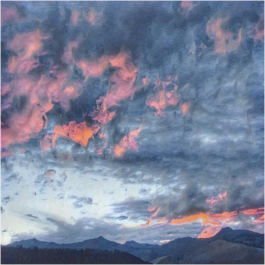 A painting of a cloudy sky with mountains in the background