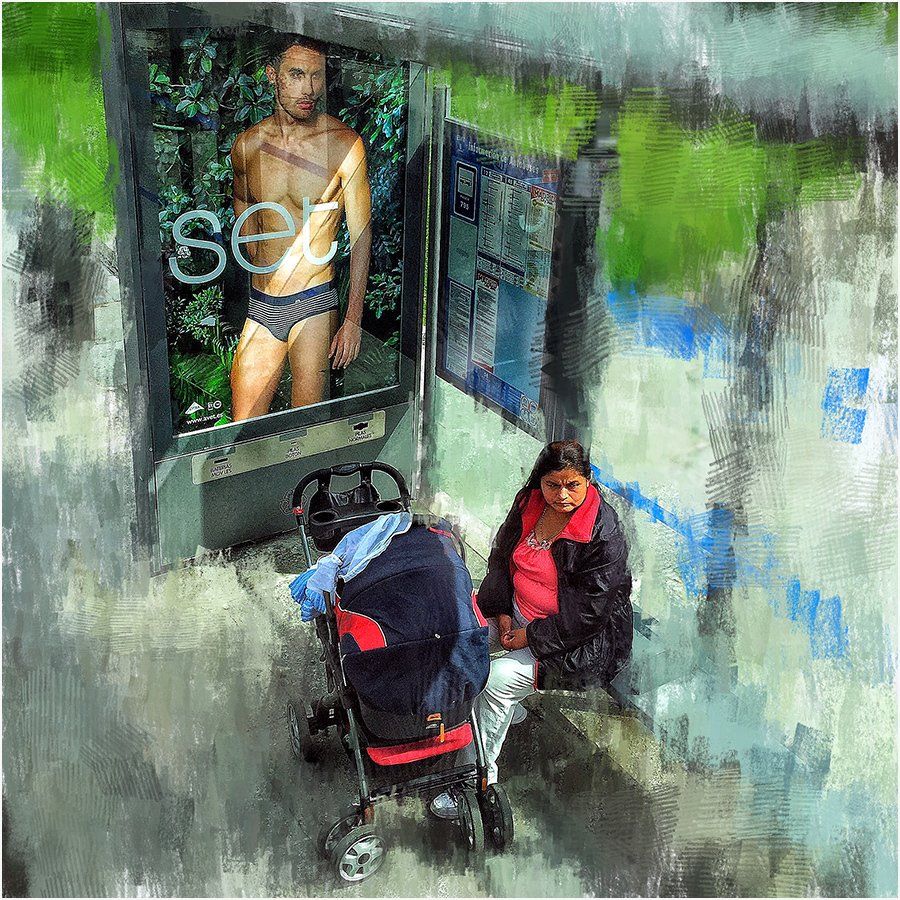 A painting of a woman and a stroller at a bus stop