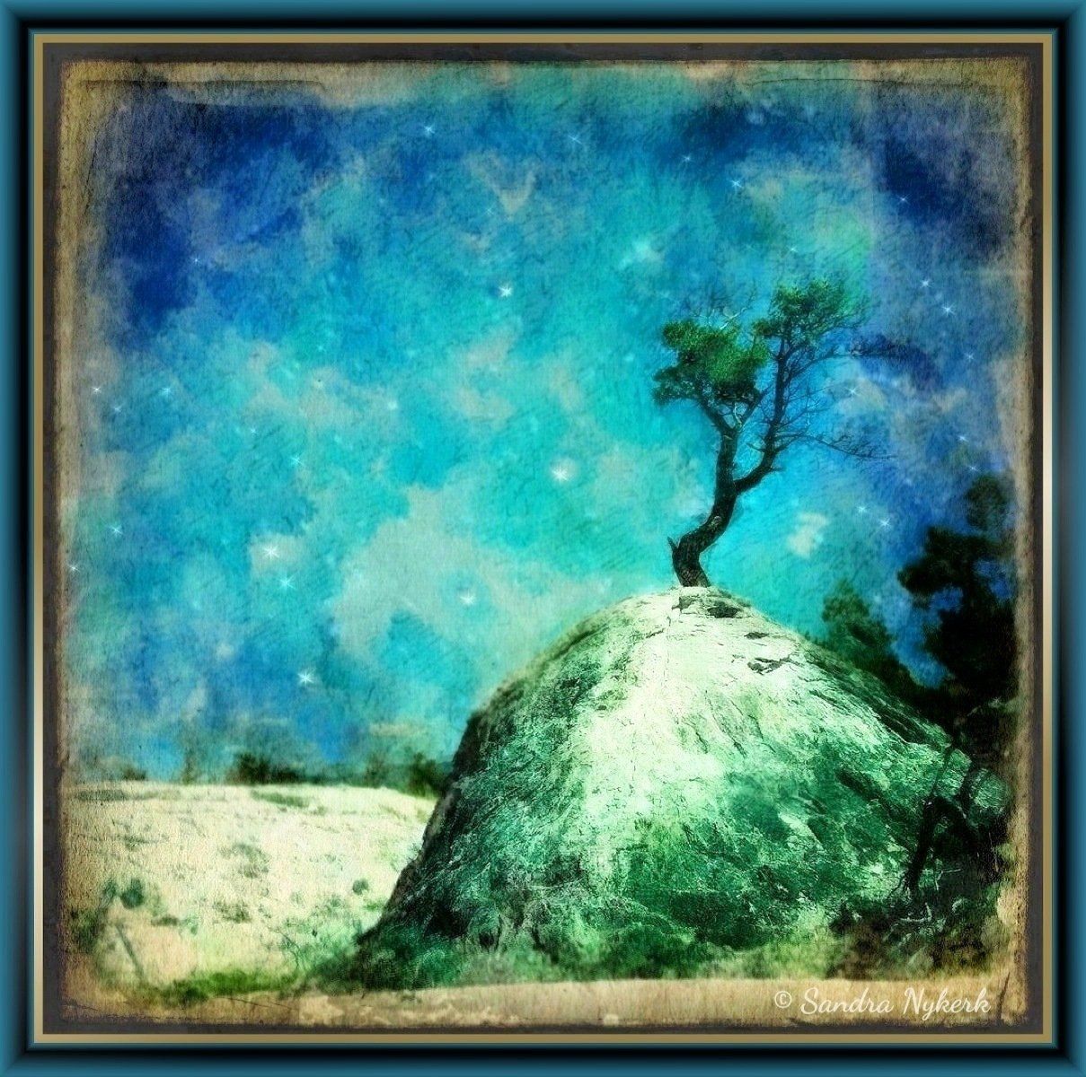 A painting of a tree on top of a hill