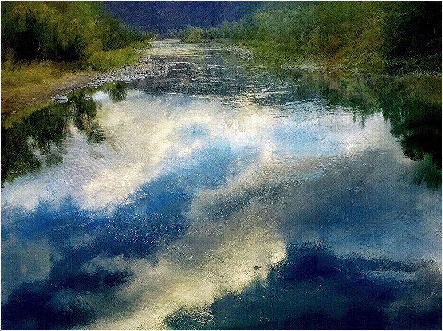 A painting of a river with clouds reflected in the water