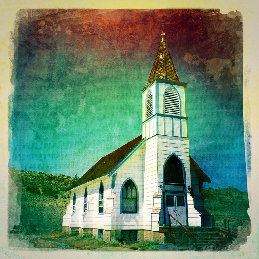 A painting of a white church with a gold steeple