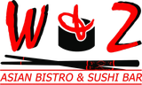 Logo for W2 Asian Bistro & Sushi Bar in red and black with chopsticks