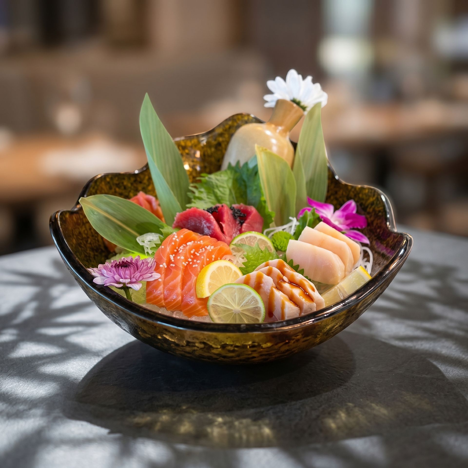 Sushi assortment in a dark glass bowl with green leaves and a lemon slice on a table