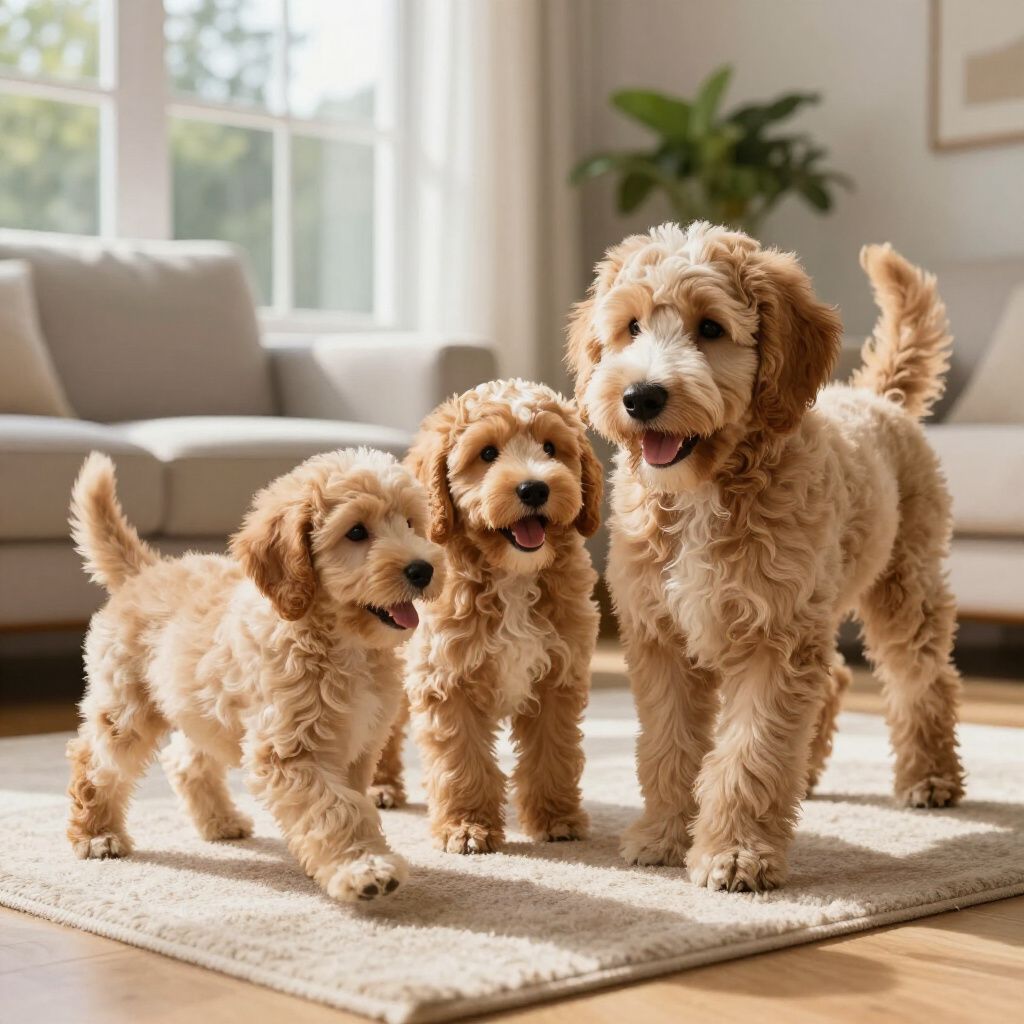 Three fluffy golden doodle dogs standing on a rug in a living room, smiling. Three fluffy golden doodle dogs standing on a rug in a living room, smiling.