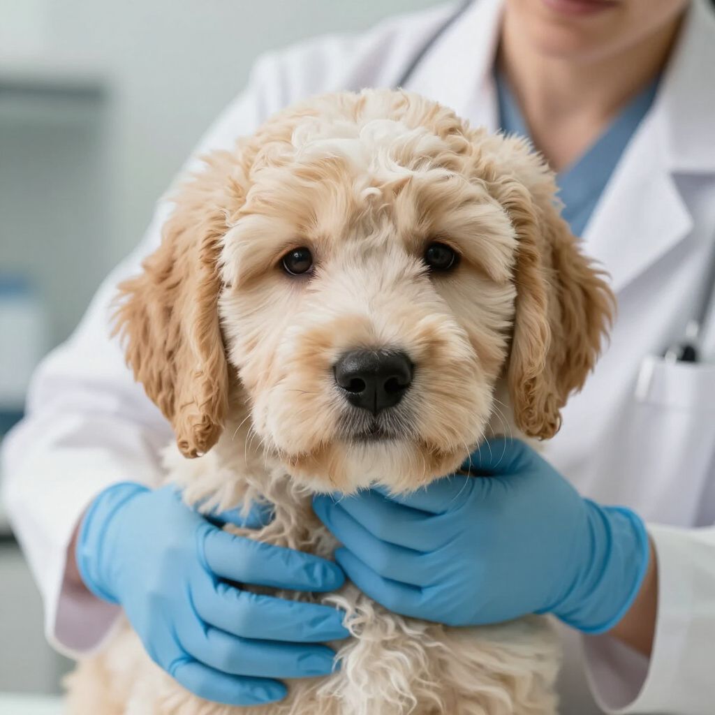Goldendoodle puppy with curly fur, looking at the viewer against a blue background. Goldendoodle puppy with curly fur, looking at the viewer against a blue background.