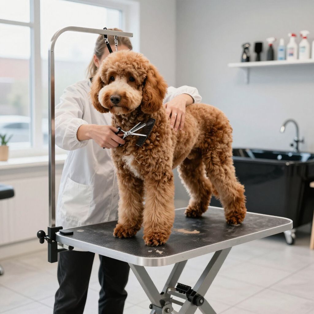 Dog groomer trimming a brown poodle's fur on a grooming table in a salon. Dog groomer trimming a brown poodle's fur on a grooming table in a salon.