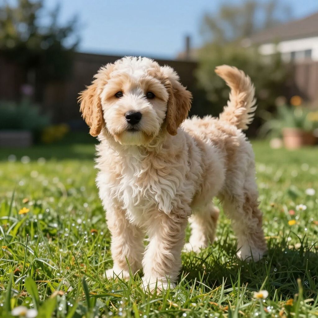 Golden-colored Goldendoodle puppy standing in green grass, looking forward with a slight tilt of its head. Golden-colored Goldendoodle puppy standing in green grass, looking forward with a slight tilt of its head.