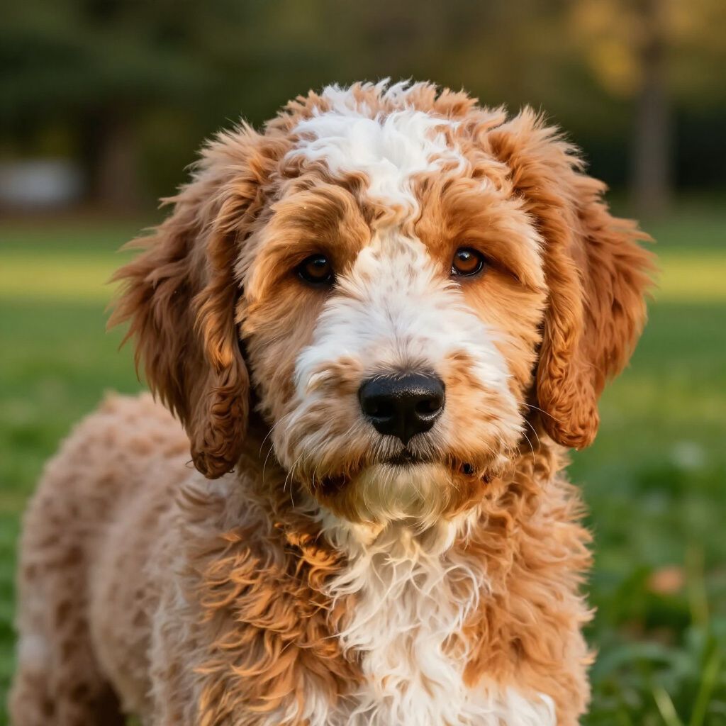 Brown and white Goldendoodle puppy in a grassy park, looking at the camera. Brown and white Goldendoodle puppy in a grassy park, looking at the camera.