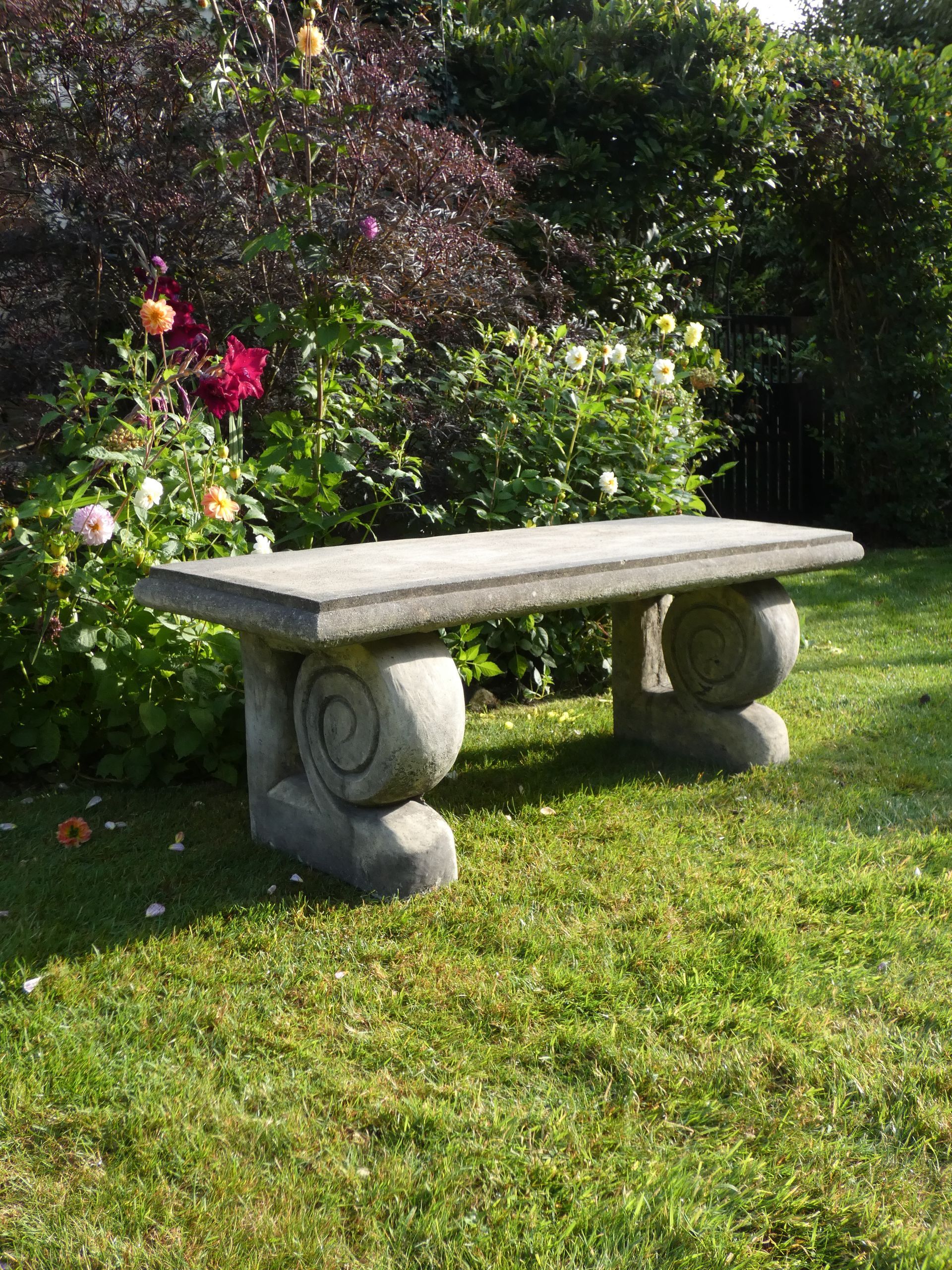 grand long bench stone garden statue