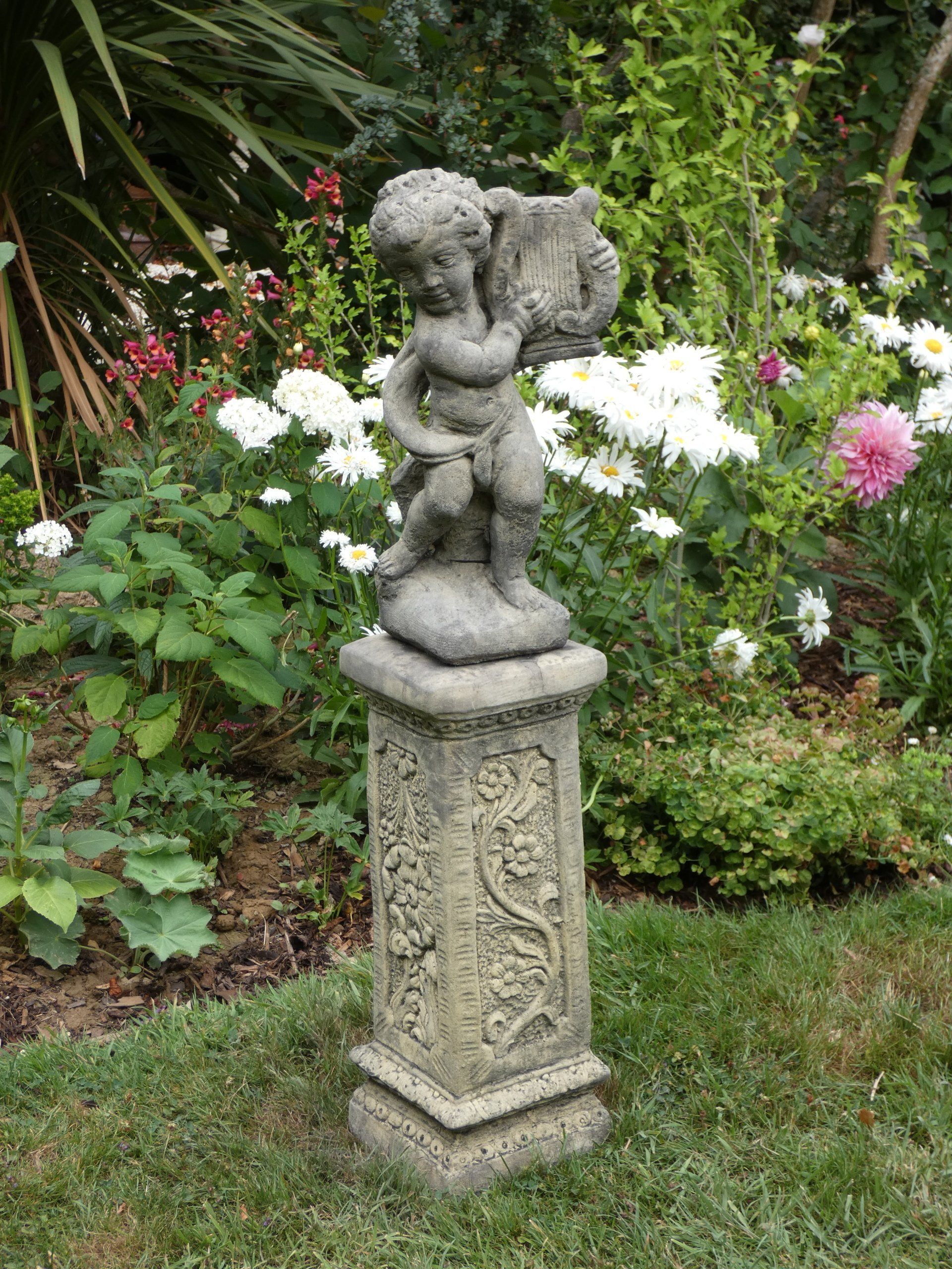 lyre player on slim plinth pedestal stone garden statue
