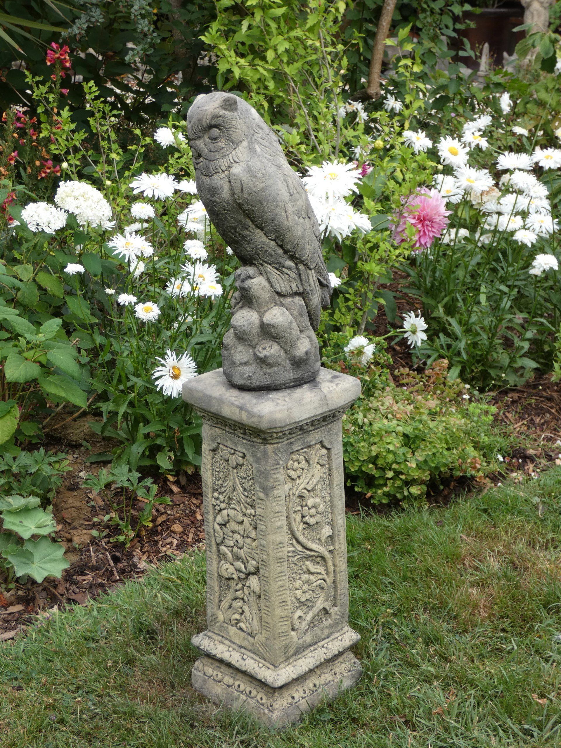 medium owl on slim plinth pedestal stone garden statue